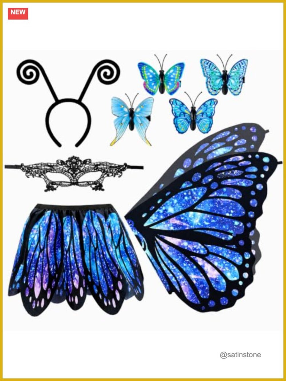 Women's Butterfly Costume Set Wings Skirt Mask Headpiece Halloween Cosplay